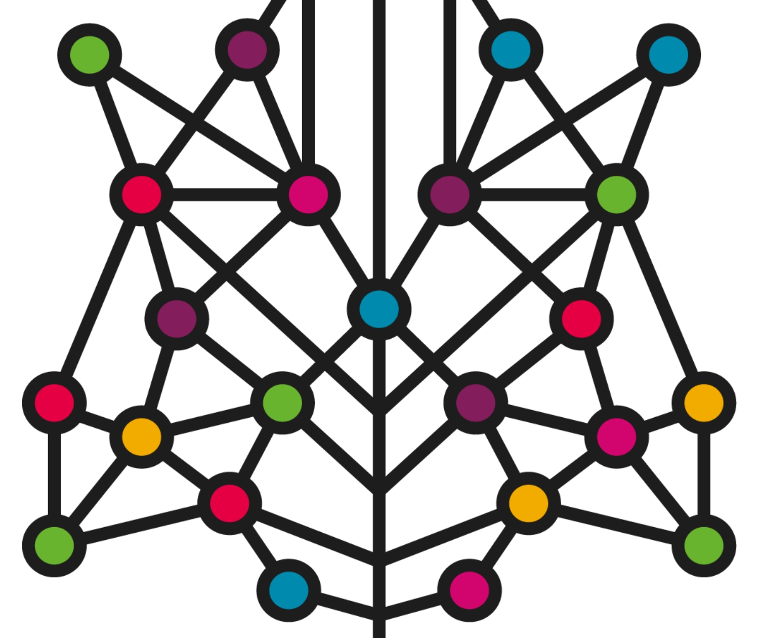 Illustration of a stylized network graph with nodes connected by lines. Nodes are depicted as circles filled with various solid colors like red, green, blue, purple, and yellow.