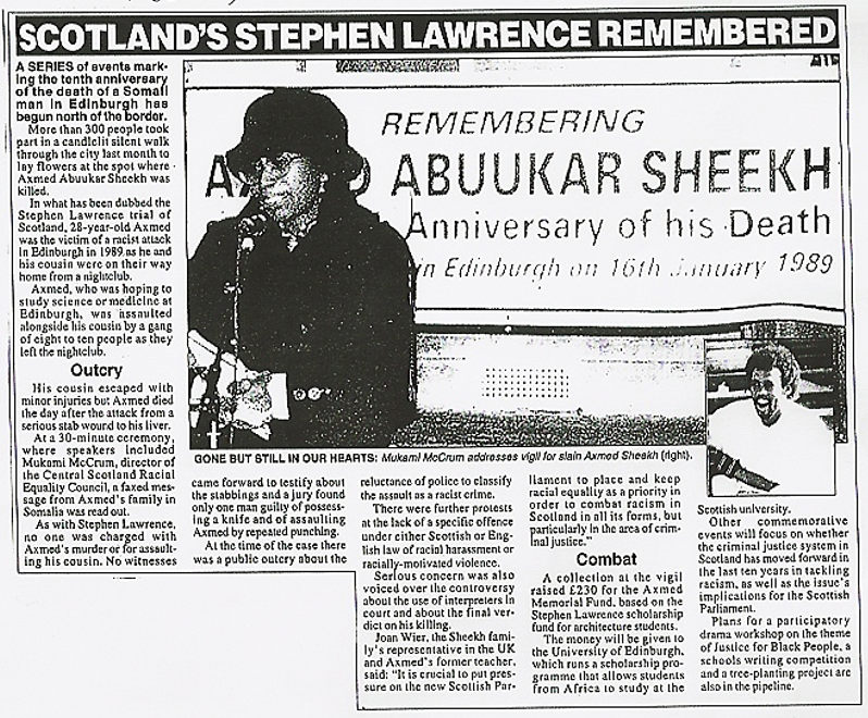 A clipping from The Voice newspaper, with headline 'Scotland's Stephen Lawrence Remembered'